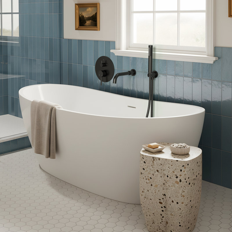 7.87'' Wall Mounted Tub Filler Solid Brass Single Handle Bathroom Faucet with Hand Shower , Matte Black