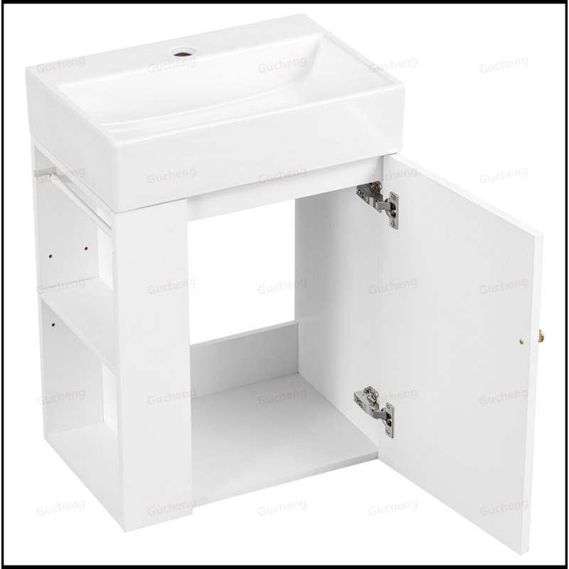 Petit meuble-lavabo mural 20 po avec tablettes de rangement latérales, Blanc