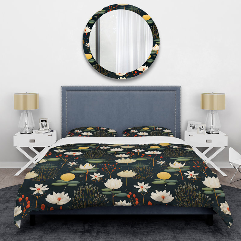Ensemble de housse de couette White Zen Floral Lotus Harmony, Housse de couette pour grand lit et 2 taies décor