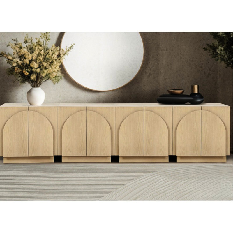 Buffet en chêne de style moderne Mid-Century, avec des coins arqués et des tablettes de rangement, une armoire de salon transformable pour la chambre, une couleur, des tablettes de portes