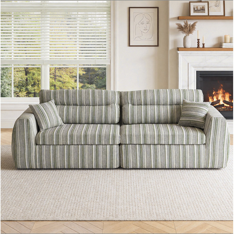 Canapé tissé à compression en chenille rayée, canapé compact à rangée droite avec éponge haute densité, canapé économiseur d'espace requis sans assemblage pour salon, appartement, bureau
