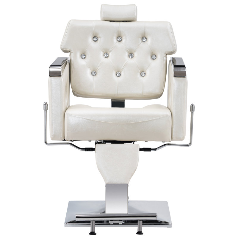 Reclining Hydraulic Pump Barber Chair, Faux Leather Salon Chair, White Faux Leather