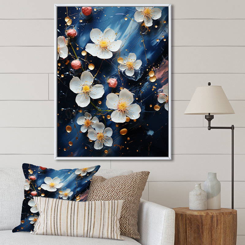 Fleurs de cerisier blanches et bleues I - Art mural cerisier en fleurs, H 20 po x l 12 po x P 1 po, Cadre flottant blanc