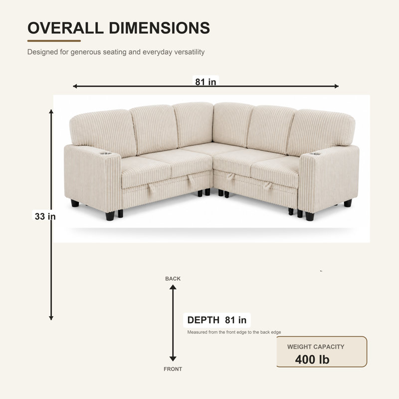 Canapé d'angle convertible 5 places en velours côtelé réversible avec rangement et port USB, beige, Beige