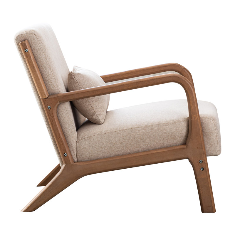 Hertford 26" Wide Mid Century Upholstered Solid Wood Accent Chair with an Extra Pillow, Beige 