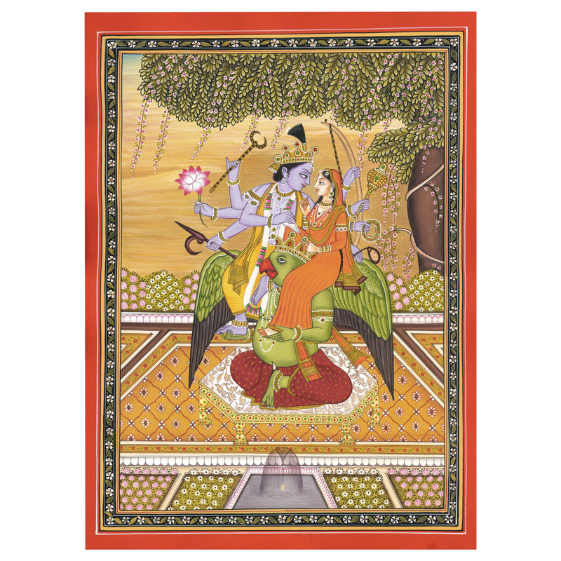 Aquarelle de Vishnu Lakshmi sur Garuda, fabriqué à la main, peinture à l'aquarelle - art divin traditionnel par des divinités indiennes sur papier fait à la main H 16 po x l 12 po