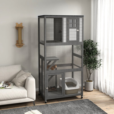 74" Wheeled - Outdoor Cat House, Gray. Generous Interior Space For Cats. Strong And Shelter Weather & Rollable, Ample Room Cats To Enjoy Outdoors