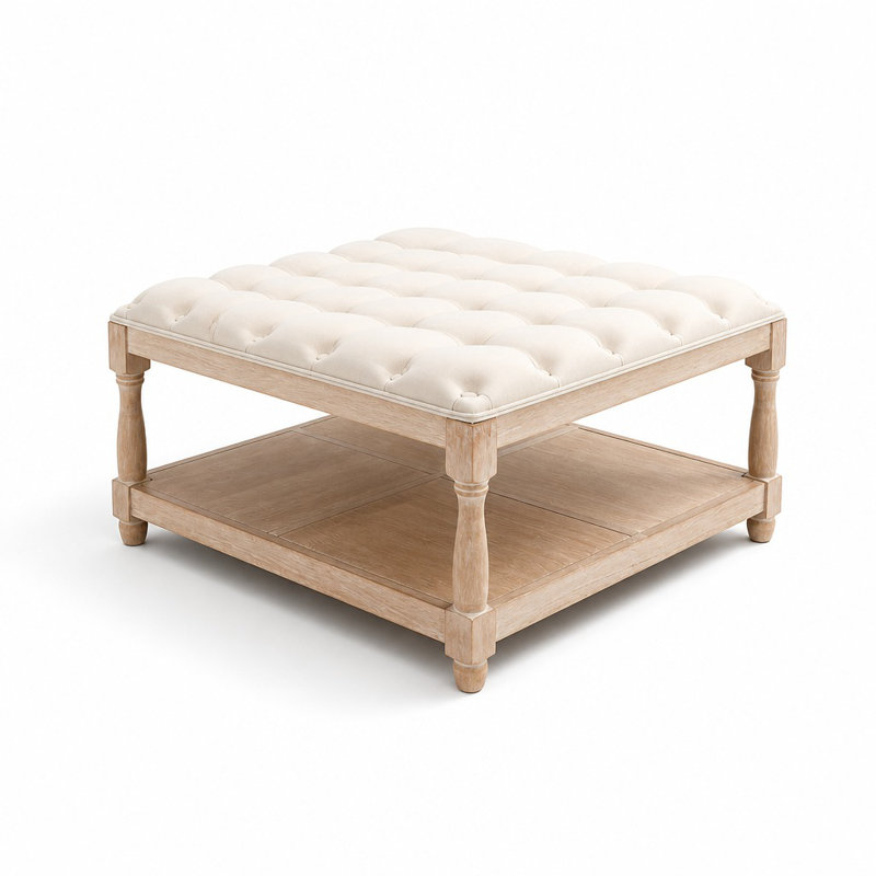 Large Square Tufted Ottoman Coffee Table with Storage Shelf