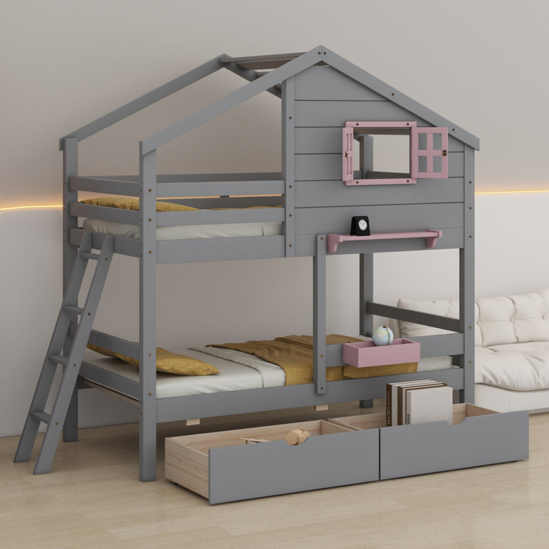 Bunk Bed With 2 Drawers, 1 Storage Box, 1 Shelf, Window And Roof, Gray