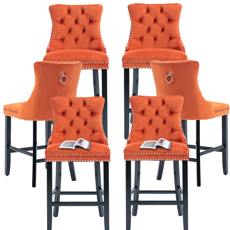 Tabouret de bar rembourré en velours avec dossier capitonné, 6, Gris, Orange