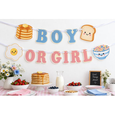 Breakfast Baby Gender Reveal Banner, Pancake Toast Egg Cereal Boy or Girl Garland, Pink Blue Brunch Decor