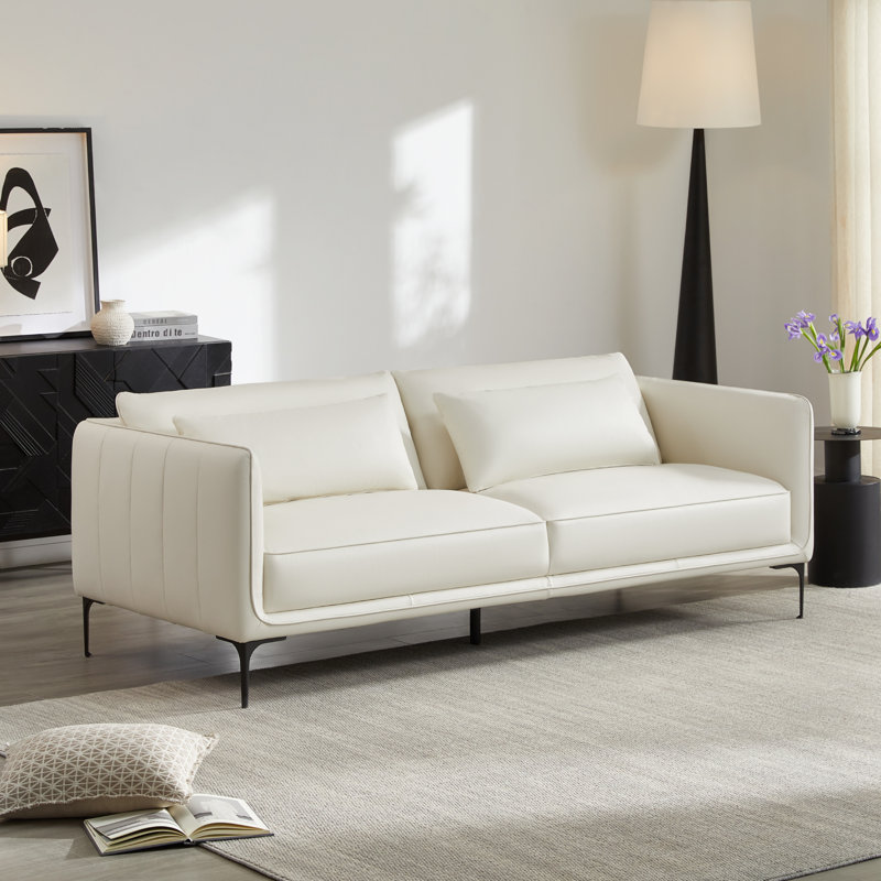 Rae 84" W Top Grain Leather Upholstered Sofa with Metal Legs, Impression White Top Grain Leather