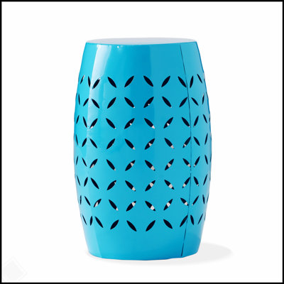 Lace-Cut Metal Side Table with Unique Barrel Shape, Durable and Stylish for Outdoor Living Spaces.