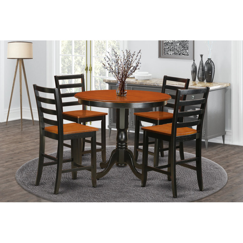 5 Piece Counter Height Pub Set Includes a Round Dining Room Table and 4 Kitchen Chairs, Black & Cherry, Black and cherry