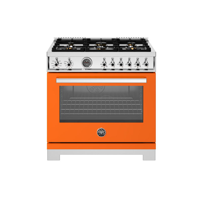 Professional Series Dual-Fuel Range 36" - 6 Brass Burners + Cast-Iron Griddle - Self-Clean Oven, Orange Gloss