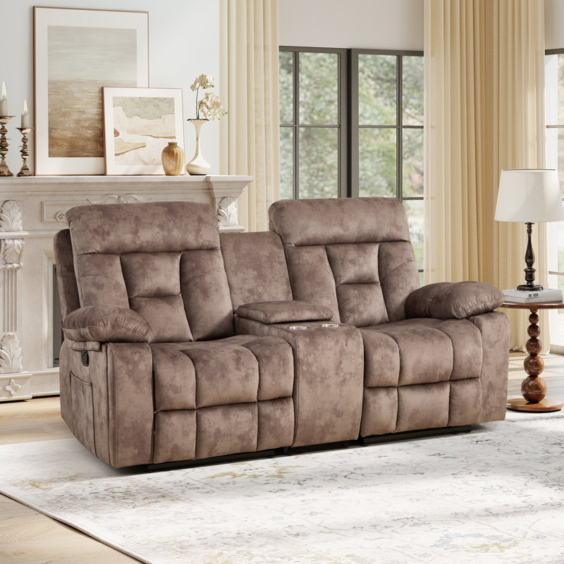 80.7" Wide Modern Manual Reclining Loveseat Sofa With Center Console, Cup Holders & Storage - Plush Microfiber Fabric Theater Seating