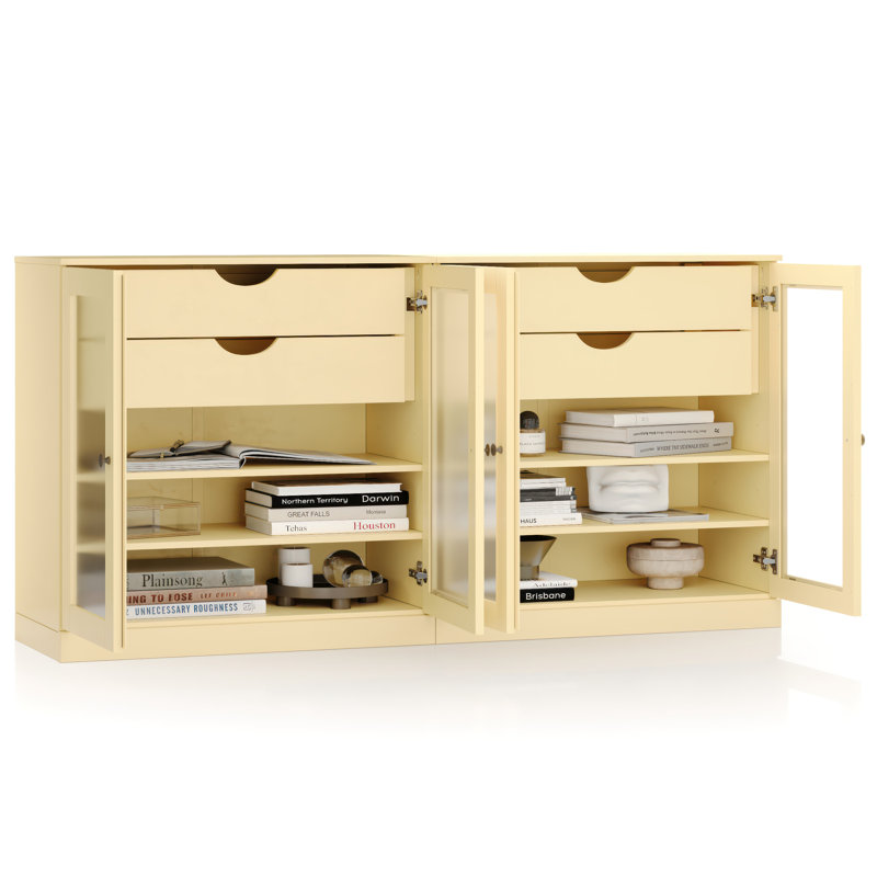 100% Solid Wood 64" Sideboard with Frosted Glass Doors, 4-Drawers and Adjustable Shelves, Yellow