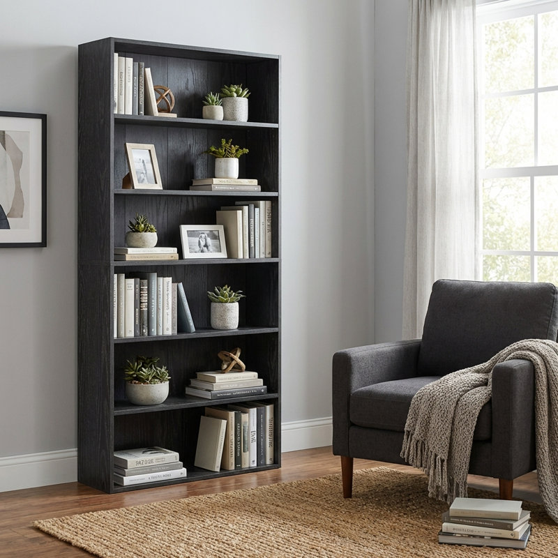 Bibliothèque à 63 niveaux H 63,3 "x l 31,5" avec tablettes réglables et structure robuste en forme de H, Noir ébène