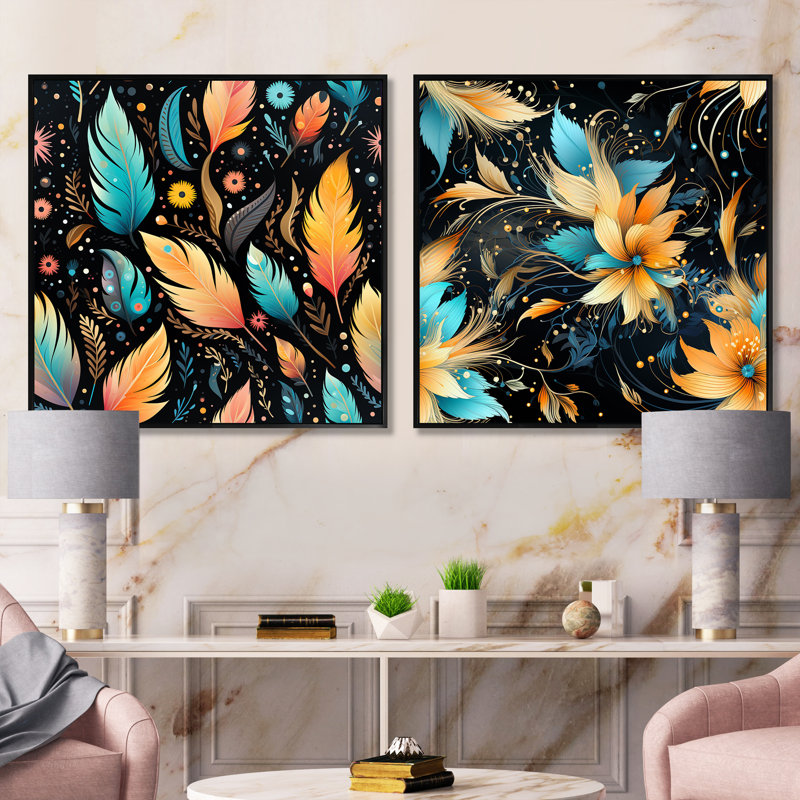 Eclectic Boho Feather Pattern - Abstract Botanicals Square Collage Set Of 2, Black Floater Framed, 16" H x 33" W