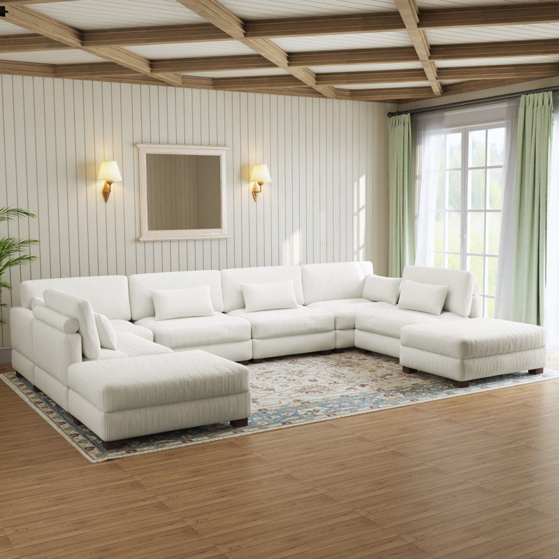 Canapé modulaire rembourré en velours côtelé beige 8 pièces Maelina avec dossier coussiné et repose-pieds amovible Maelina