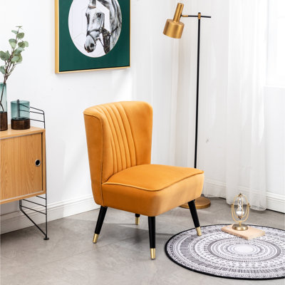 Chaise rembourrée contemporaine en velours, rembourrage en mousse dense dorée, forme courbée élégante, pieds en bois d'hévéa noir avec chaise plaquée or en tissu épais moderne uni