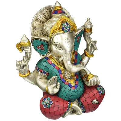 Statue de Ganesha en laiton avec incrustation, figurine de divinité de table de style indou 8 pouces pour autel et salle de méditation