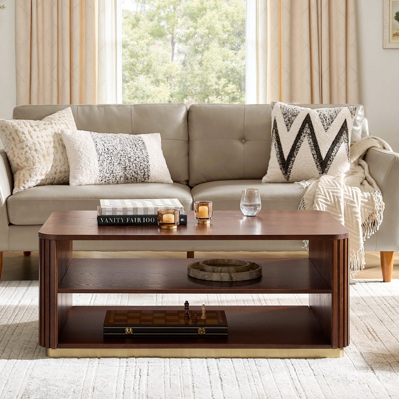 Jadida Natalia Modern 47.5"W Fluted Rectangular Coffee Table with Double-Layer Storage, Walnut