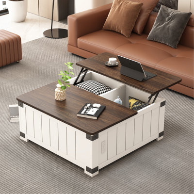Table basse à plateau relevable Farmhouse avec rangement, table centrale carrée en bois avec station de charge et ports USB, table centrale de salon 4 grilles, grand espace caché, pour salon, chambre à coucher, bureau à domicile