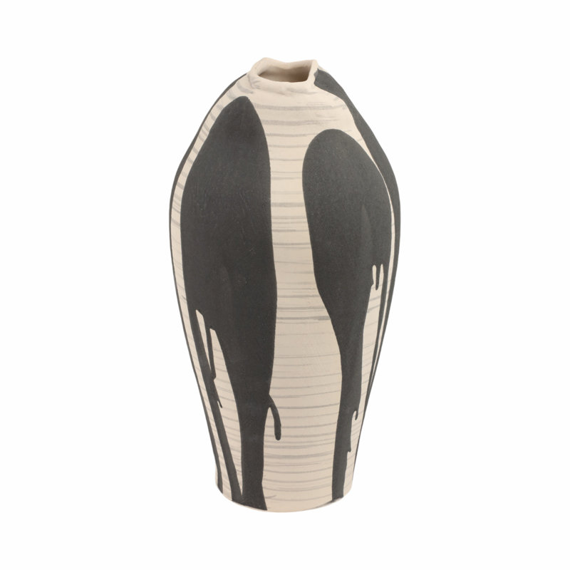 Abstract Brushstroke Earthenware Tall Flower Vase for Home Tabletop Decor - Modern Curved Table Vase for Living Room or Entryway Display - 15", Black & White
