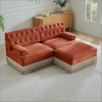 Tissu en velours confortable respirant en forme de L, canapé Chesterfield à jupe de pampille, combinaison libre, accoudoirs carrés légèrement incurvés, base en bois de qualité supérieure, facile à assembler, pour le salon, la chambre à coucher