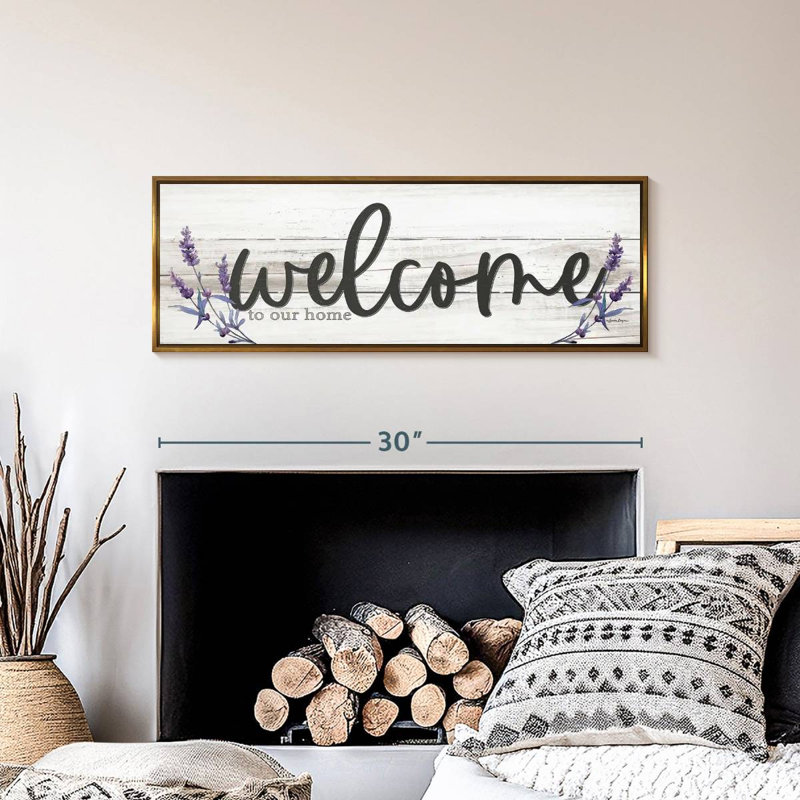 Plaque murale "Welcome to our home" lavande, Cadre flottant doré, 31 po x 11 po