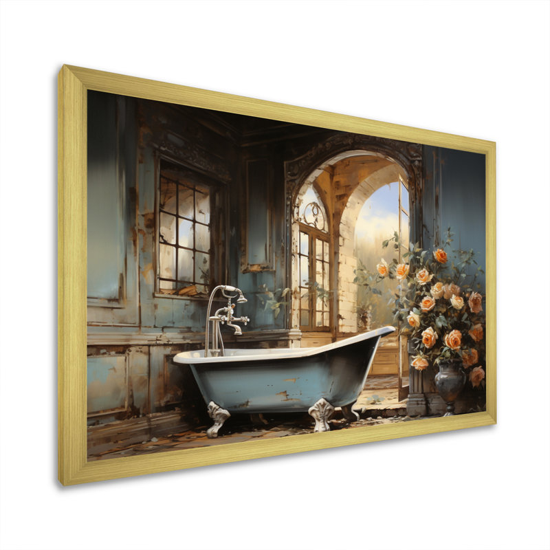 «Bathroom Vintage Elegance II», impressions sur toile de salle de bain, Cadre doré simple, H 34 po x l 44 po x P 1,5 po