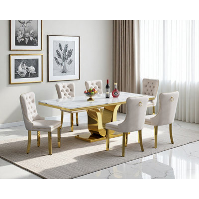 Large 68" Marble Dining Table, Luxurious White Dining Room Table with Printed Faux Marble Tabletop and Stainless Steel Pedestal, Modern Rectangular Kitchen Table Table for 6 8