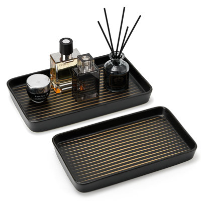 Ensemble de plateau de meuble-lavabo en céramique pour l'organisation de comptoir de salle de bain et de cuisine, organisateur rayé décoratif imperméable et résistant à la chaleur pour savon, lotion, bijoux et articles essentiels