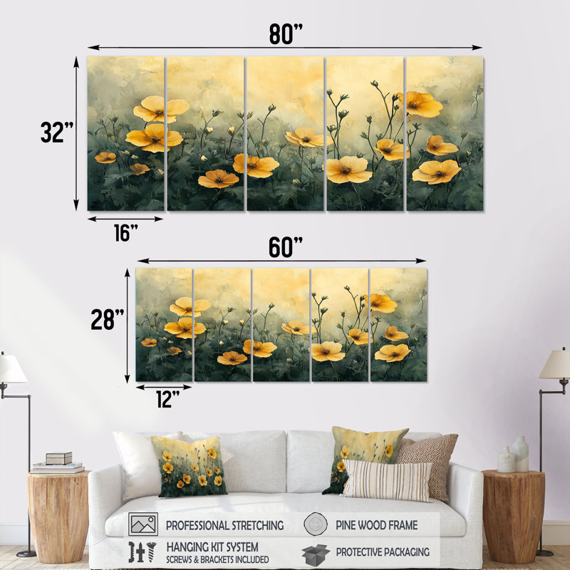 Été, fleurs violettes dans les champs - ensemble de 5 violettes - art mural traditionnel, H 28 po x l 60 po