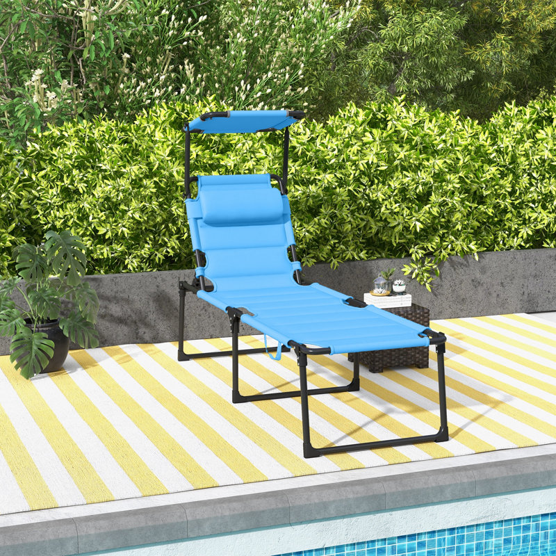 Outdoor Lounge Chair, Adjustable Backrest Folding Chaise Lounge, Cushioned Tanning Chair W/Sunshade Roof & Pillow Headrest For Beach, Camping, Hiking
