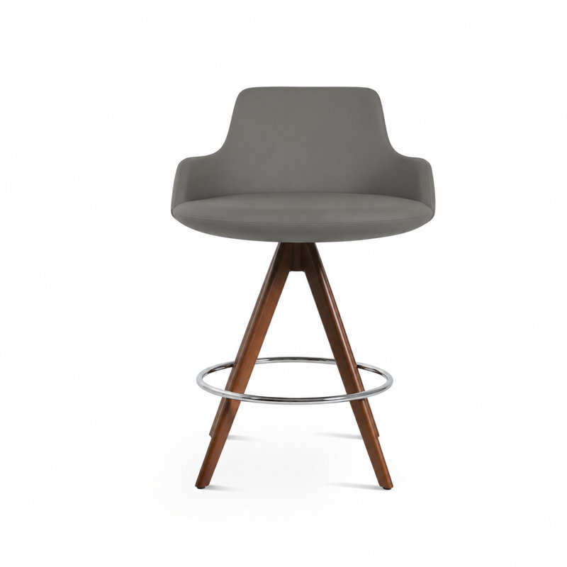 Tabouret de derviche, Noyer, Faux cuir gris, Tabouret de comptoir (siège d'une hauteur de 24,5