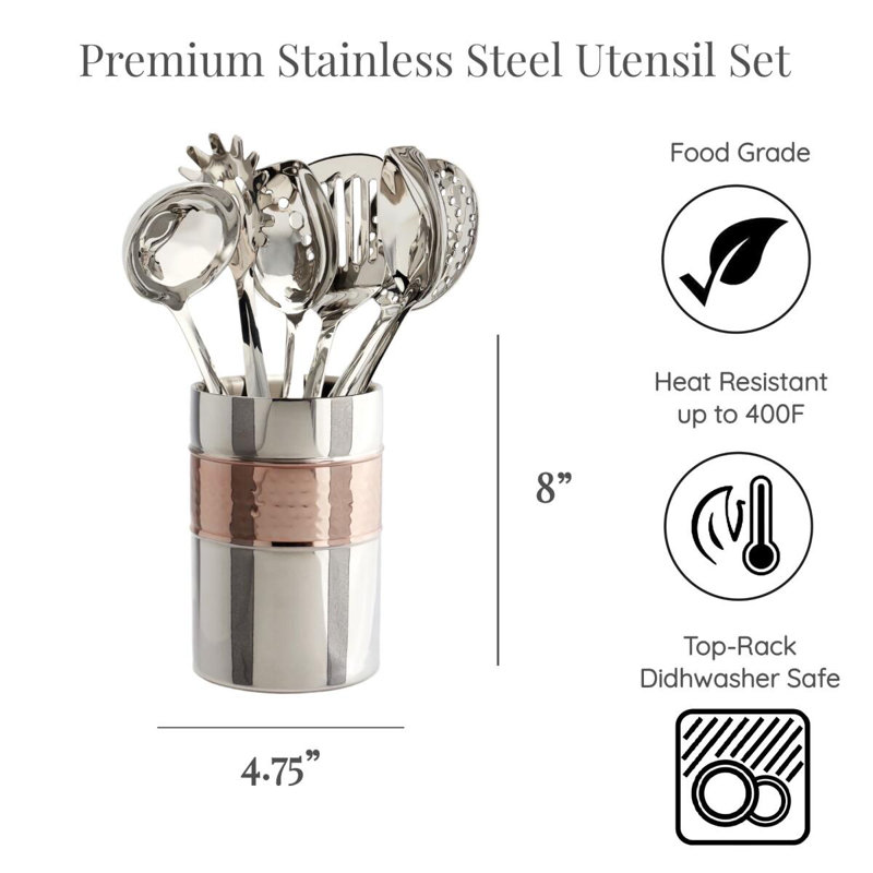 Ensemble d'ustensiles de cuisine 7 pièces en acier inoxydable martelé au cuivre