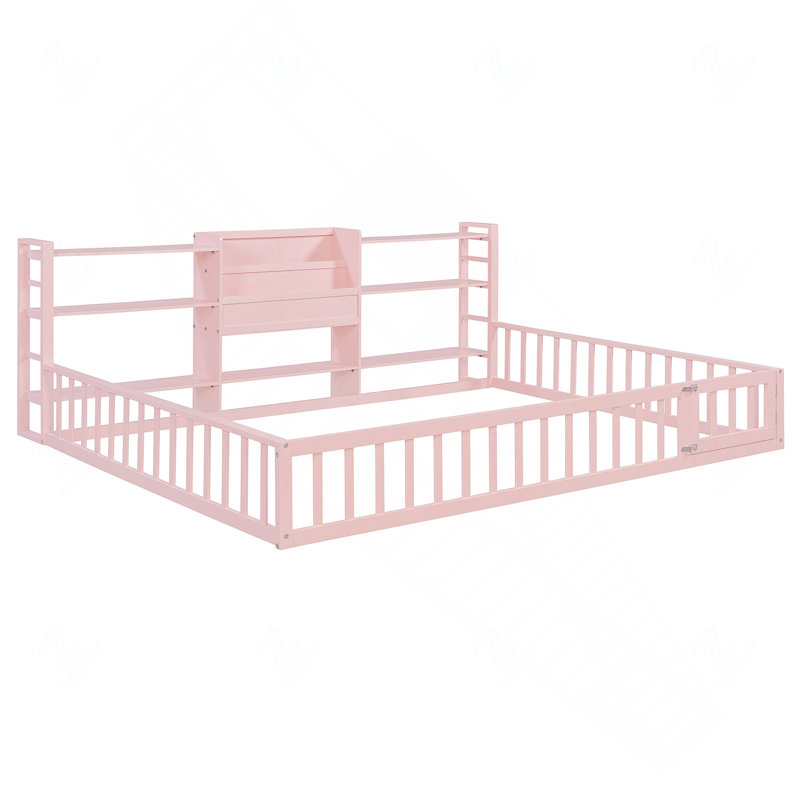 Lit de bébé Queen avec barrière de sécurité, bibliothèque et étagères de rangement à 3 niveaux, rose