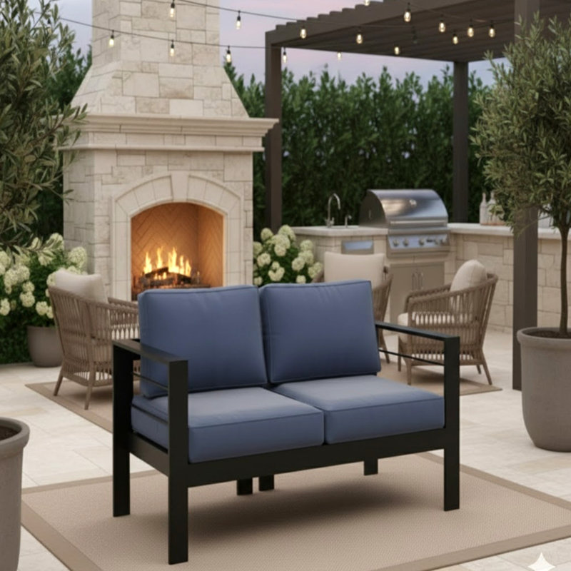 Causeuse de terrasse en aluminium toutes saisons de 50 po avec coussins épais, Bleu, Noir