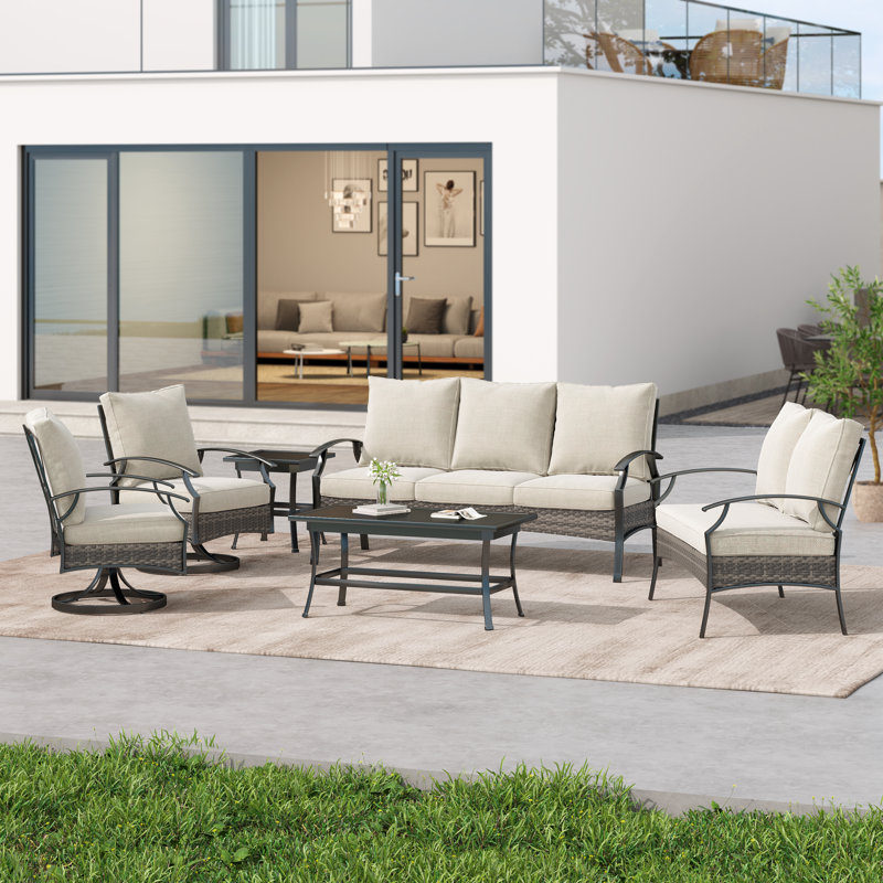 Charron Outdoor Metal 7-person Patio Set With Two Tables and Wicker Decor, Beige