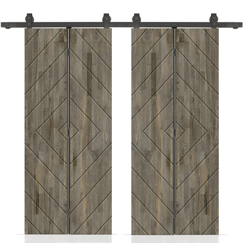 Porte de grange double pliante en bois de pin teinté avec quincaillerie coulissante, 52 po x 80 po, Gris patiné