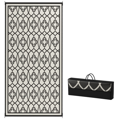 Reversible Outdoor Rug, 9' x 18' Waterproof Plastic Straw Floor Mat, Portable RV Camping Carpet, Large Floor Mat for Backyard, Deck, Picnic, Beach, Black & White Lantern
