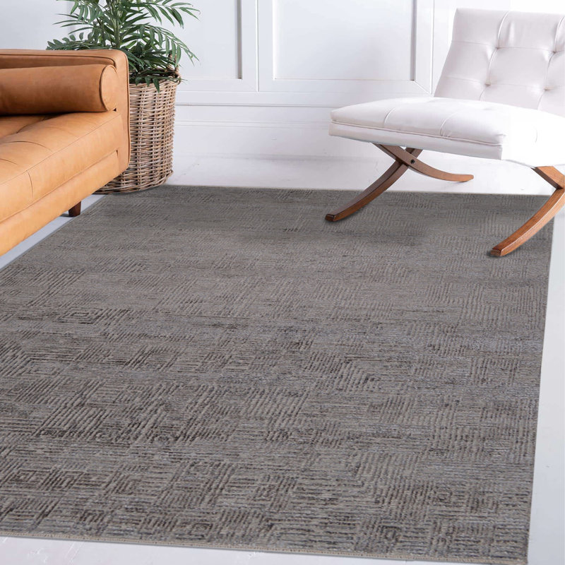Tapis rectangulaire en laine / viscose noué à la main de couleur unie rectangulaire en nickel, Rectangle de 10 pi x 14 pi