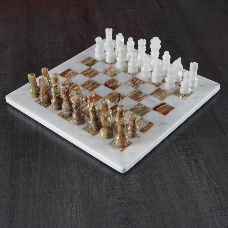 RADICALn Handmade 12'' L Stone Chess Game Set, White/Green Onyx