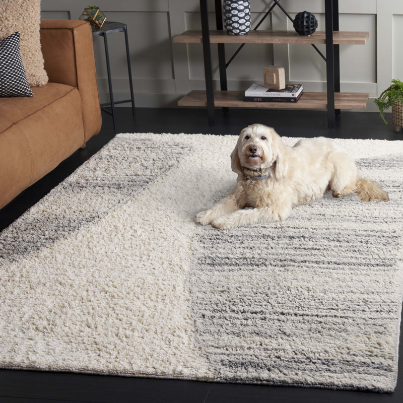 Tapis ivoire / gris en coton touffeté à la main à motif abstrait Kwinton 228, Rectangle 5 pi x 8 pi