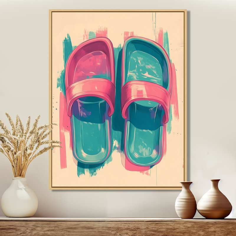 Jelly Sandals Summer - Nineties Nostalgia, toile encadrée, décoration murale, 20" H x 12" W, Cadre naturel flottant