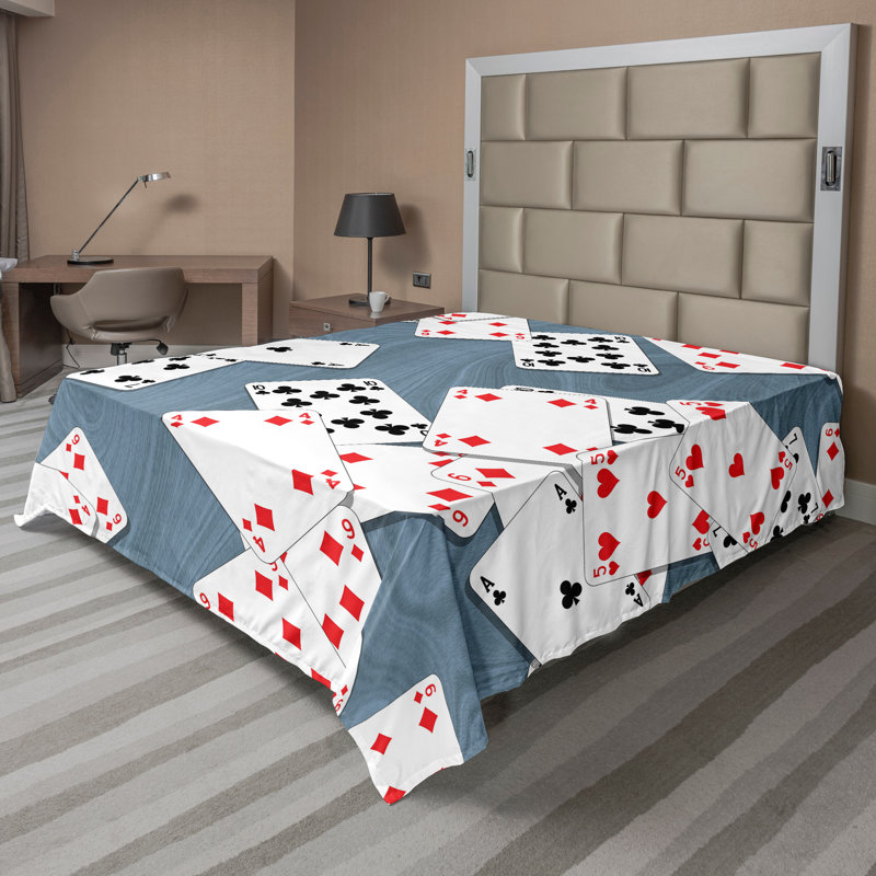 Ambesonne Abstract Top Flat Sheet Playing Cards Slate Blue Red Black, Queen Flat Sheet