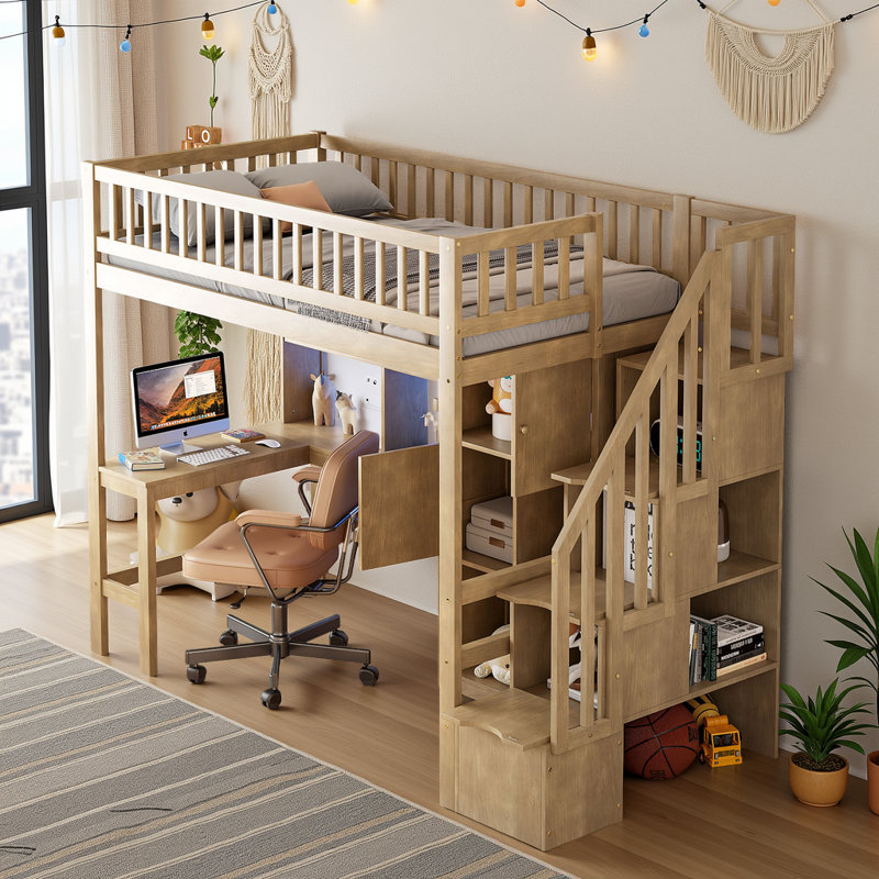 LED Loft Bed with Built-in Desk Workstation and Multi-storage, Brown