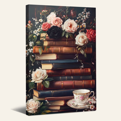 Art rétro sur toile, livres rétro avec roses roses et noires